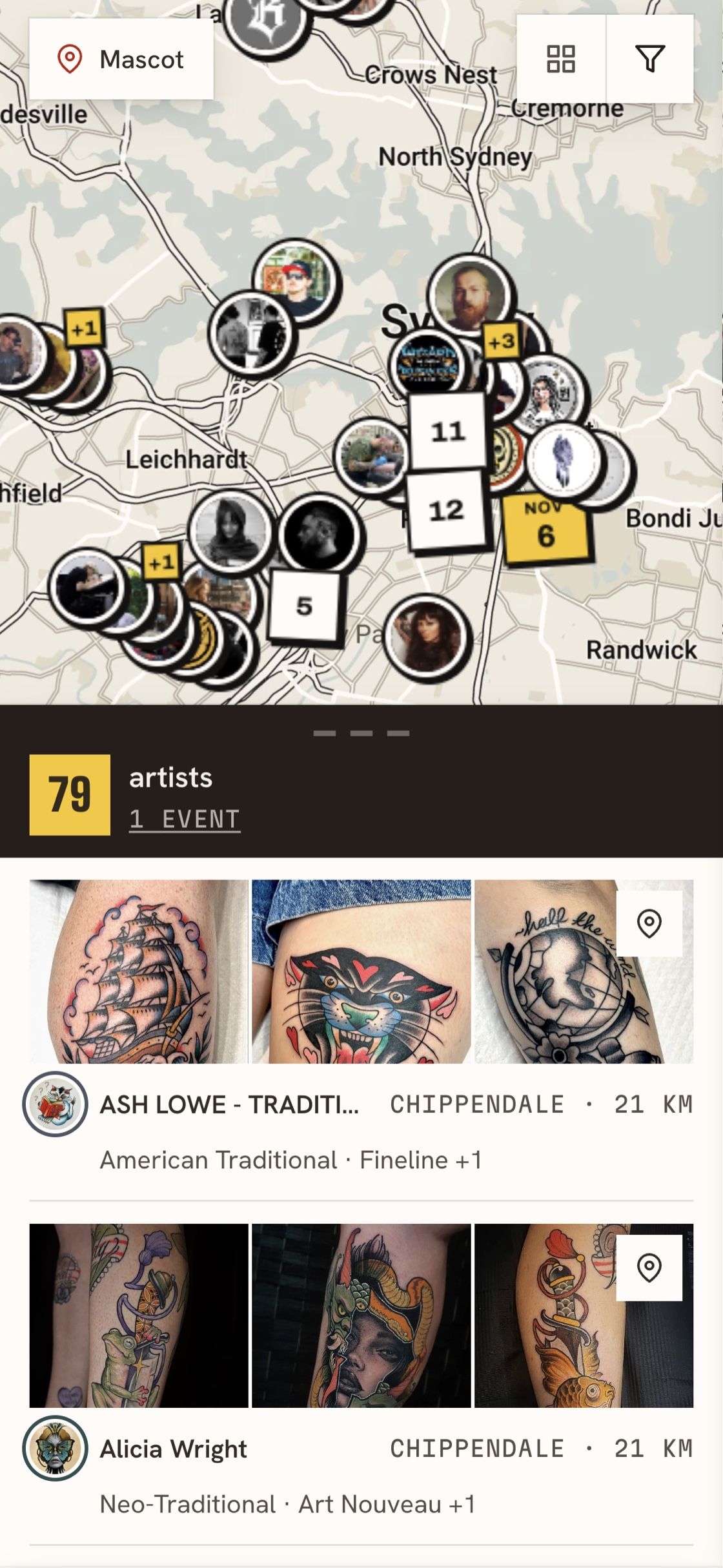 REAP explore map of tattoo artists around Sydney, with a list of nearby artists and their work
