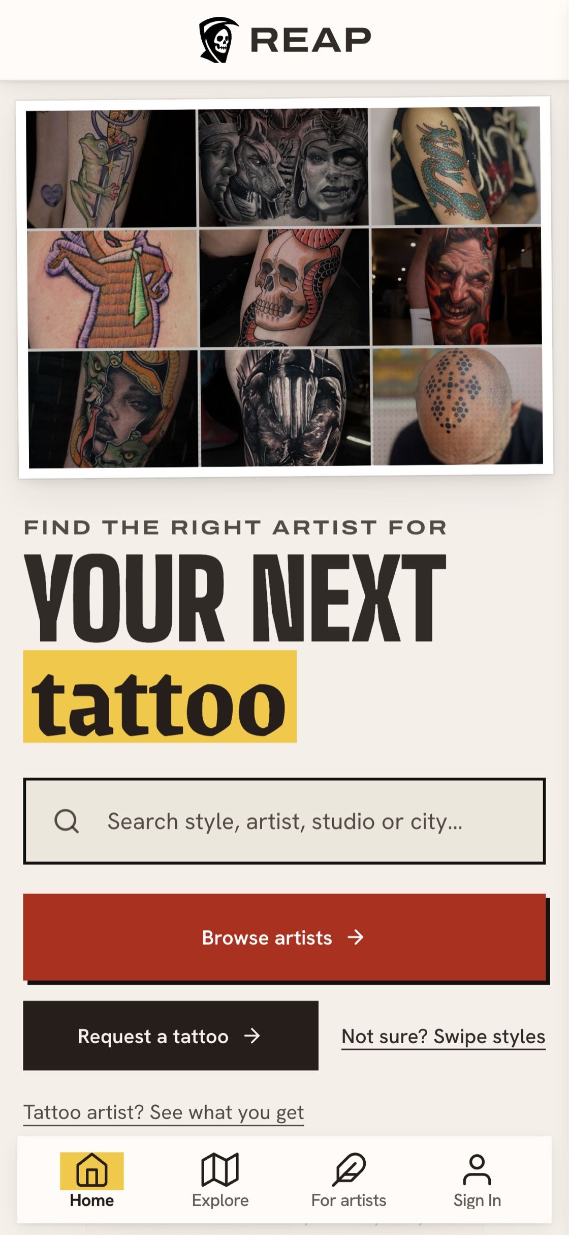 REAP home page with a grid of tattoo work and a search for style, artist, studio or city
